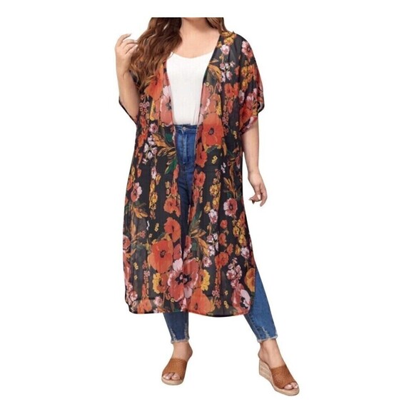 Floral Print Kimono Cardigan Loose Cover Up Sheer Short Sleeve - Picture 1 of 9